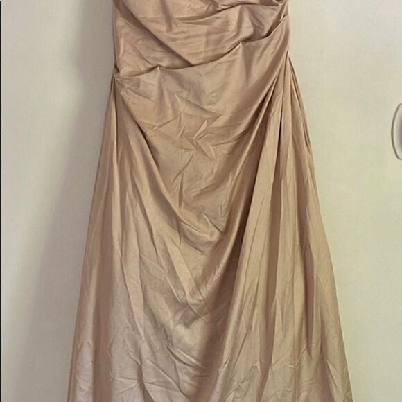 NWT LA Femme champagne colored ruched gown with beaded back and sleeves. - Picture 14 of 14